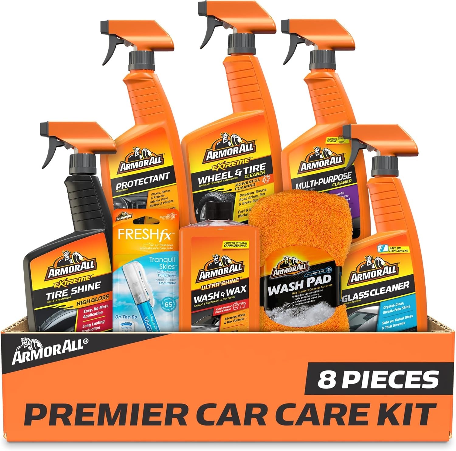 Premier Car Care Kit, Includes Car Wax & Wash Kit, Glass Cleaner, Car Air Freshener, Tire & Wheel Cleaner (8 Piece Kit)