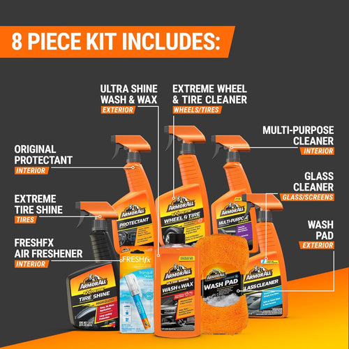 Premier Car Care Kit, Includes Car Wax & Wash Kit, Glass Cleaner, Car Air Freshener, Tire & Wheel Cleaner (8 Piece Kit)